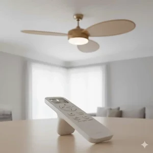 A handheld remote control operating a coastal style rattan ceiling fan with multiple speed settings.