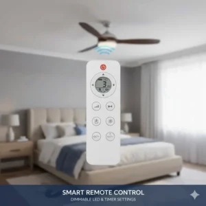 Close-up of a smart remote control for a bedroom ceiling fan featuring dimmable light settings and CCT colour control.