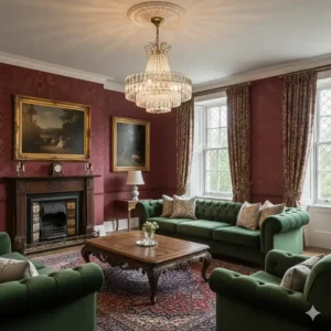 Antique brass fandelier with intricate crystals, perfect for a period property or Victorian home.