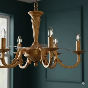 Close-up of a traditional fandelier in an antique gold finish against a dark feature wall.