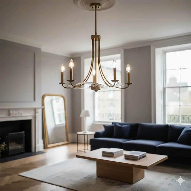 Elegant traditional fandelier in brushed brass hanging from a decorative ceiling rose in a classic British lounge. traditional fandelier