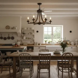 Rustic traditional fandelier with Edison-style bulbs in a large farmhouse kitchen-diner.