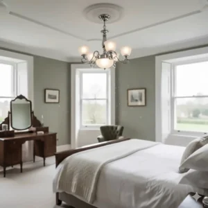 Traditional fandelier installed in a master bedroom with neutral tones and Victorian-style cornicing.