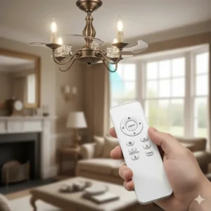 Handheld remote control pointing towards a traditional fandelier to adjust fan speed and light brightness.