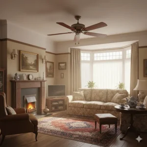 A classic wooden-blade low profile ceiling fan styled within a traditional British terrace house lounge.