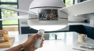 A classic wooden-blade kitchen ceiling fan with a bright downlight, fitting for a rustic or shaker-style UK kitchen.