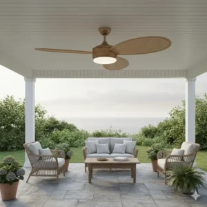 A damp-rated rattan ceiling fan installed on a covered coastal veranda for outdoor cooling.