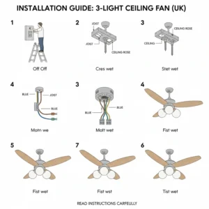 A relaxing bedroom setting featuring a quiet 3-light ceiling fan, perfect for ambient lighting and temperature control.