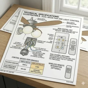 An overview of the remote control features and dual-mode switching for a modern 3-light ceiling fan.
