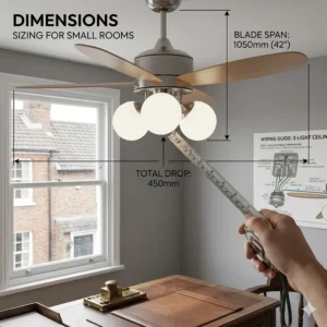 A size comparison guide helping you choose the right 3-light ceiling fan for your specific room dimensions.