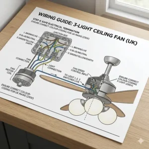 Technical schematic for wiring a standard 3-light ceiling fan unit to UK mains electricity (230V).