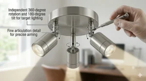 A modern 3-way adjustable spotlight attachment kit in brushed steel, featuring independent rotation and tilt for targeted room lighting.