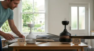 A side-by-side comparison of an affordable wifi ceiling fan and a premium model, with price tags in GBP showing value for money.