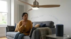An illustration showing a user in a British home setting controlling a smart ceiling fan and dimmable light using an Amazon Echo device.