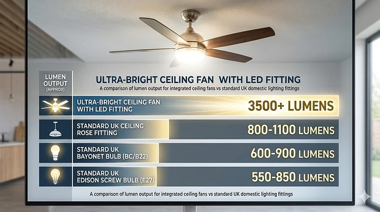 Modern British open-plan living area featuring a powerful brushed nickel ceiling fan with an illuminated LED light fitting providing air circulation and natural daylight-quality illumination. brightest ceiling fan with light
