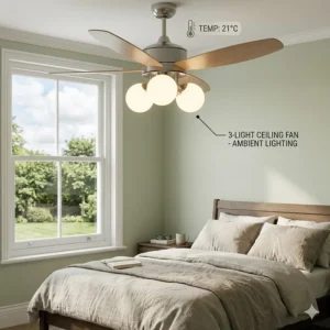A brushed chrome 3-light ceiling fan, demonstrating a popular aesthetic for modern UK kitchens and dining areas.