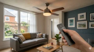 Close-up of a remote control adjusting the warm ambient light levels of a ceiling fan fitting.