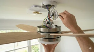 A British electrician installing a ceiling fan, showing the mounting bracket and standard UK 230V mains wiring.