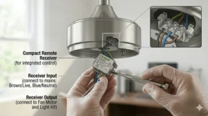 Detailed illustration showing the installation of a compact remote control receiver and wiring harness inside a ceiling fan motor housing.