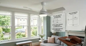 A ceiling fan size guide with measurements in metres, comparing ideal blade spans for small studies, medium lounges, and large open-plan rooms.