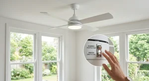 Close-up of the summer and winter reverse function switch on a white ceiling fan, with clear English labels for year-round climate control.
