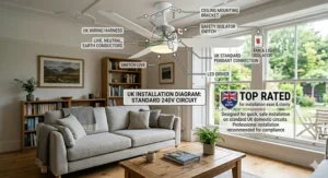 A UK installation diagram for a ceiling fan with lights on a standard 240V domestic circuit showing a wiring harness.