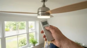 Handheld remote control being used to adjust the speed and dimmable light of a budget-friendly ceiling fan.