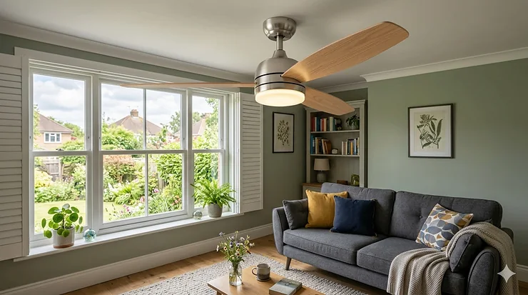 Modern brushed chrome ceiling fan with integrated LED light fitted in a contemporary British living room. cheap ceiling fans with lights