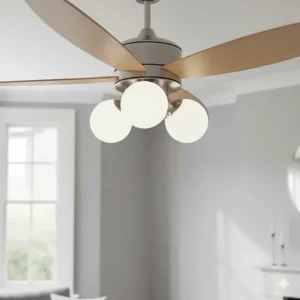 Detailed view of the glass light shades on a 3-light ceiling fan, showcasing the high-quality finish and symmetries.