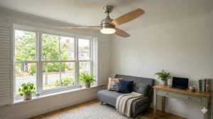 A compact, affordable ceiling fan with light installed in a small UK home office with natural window light.