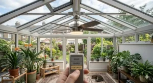 A stylish ceiling fan with light installed on the central beam of a bright glass conservatory.