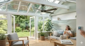 Illustration showing downward airflow from a white conservatory ceiling fan to provide a cooling breeze during British summer months.