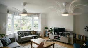 Comparison showing an LED ceiling fan with remote control switching between warm white and cool white light settings.