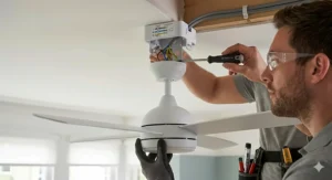 A professional installation showing a UK electrician connecting a smart ceiling fan to standard British mains wiring using brown and blue cables.