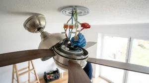 A brushed nickel ceiling fan with dark wood blades installed in a home office featuring an A++ energy rating label to show high efficiency and low running costs for UK homes.