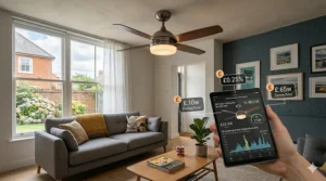 An infographic highlighting the low energy consumption of a DC motor ceiling fan with ambient LED bulbs.