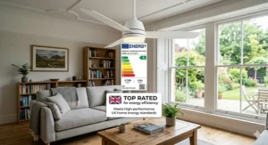 An illustration showing the energy efficiency rating and UK home energy standards for a modern ceiling fan with light.
