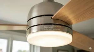 Close-up of a high-efficiency DC motor ceiling fan with a bright LED light panel and UK energy rating details.