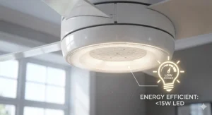 Close-up of an integrated LED light kit on a low ceiling fan, highlighting energy-saving benefits for UK homeowners.