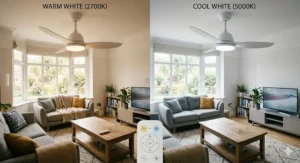 Illustration highlighting the energy-saving benefits of an LED ceiling fan with a high-efficiency DC motor for UK homes.