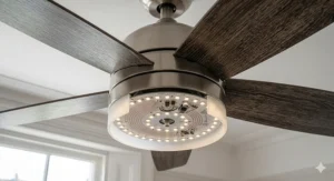 Detail of an energy-saving LED light kit on a brushed-nickel ceiling fan.
