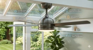 Close-up of an energy-efficient LED conservatory ceiling fan highlighting low energy consumption for UK homeowners.