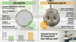 Comparison chart showing the annual energy cost savings for UK homeowners when switching from halogen to an LED ceiling fan light kit.