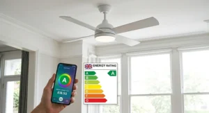 A modern smart ceiling fan with an integrated light, featuring a smartphone app displaying low running costs in GBP and a British A-rated energy label.