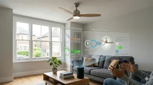 An illustrative guide highlighting the energy efficiency ratings and cost-saving benefits of an LED smart ceiling fan for UK households.