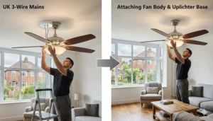 Illustration showing a professional electrician installing a ceiling fan with integrated lights using a standard UK 3-wire mains system.