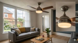 A low-profile flush mount ceiling fan with ambient light, ideal for UK homes with standard ceiling heights.