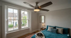 Low-profile white ceiling fan with light, ideal for UK homes with lower ceiling heights.