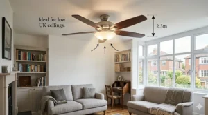 A low-profile, flush-mount uplighter ceiling fan, ideal for UK period properties or homes with restricted ceiling heights.