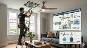 A technical diagram intended for a qualified UK electrician, showing the correct wiring configuration for installing a smart ceiling fan with light.